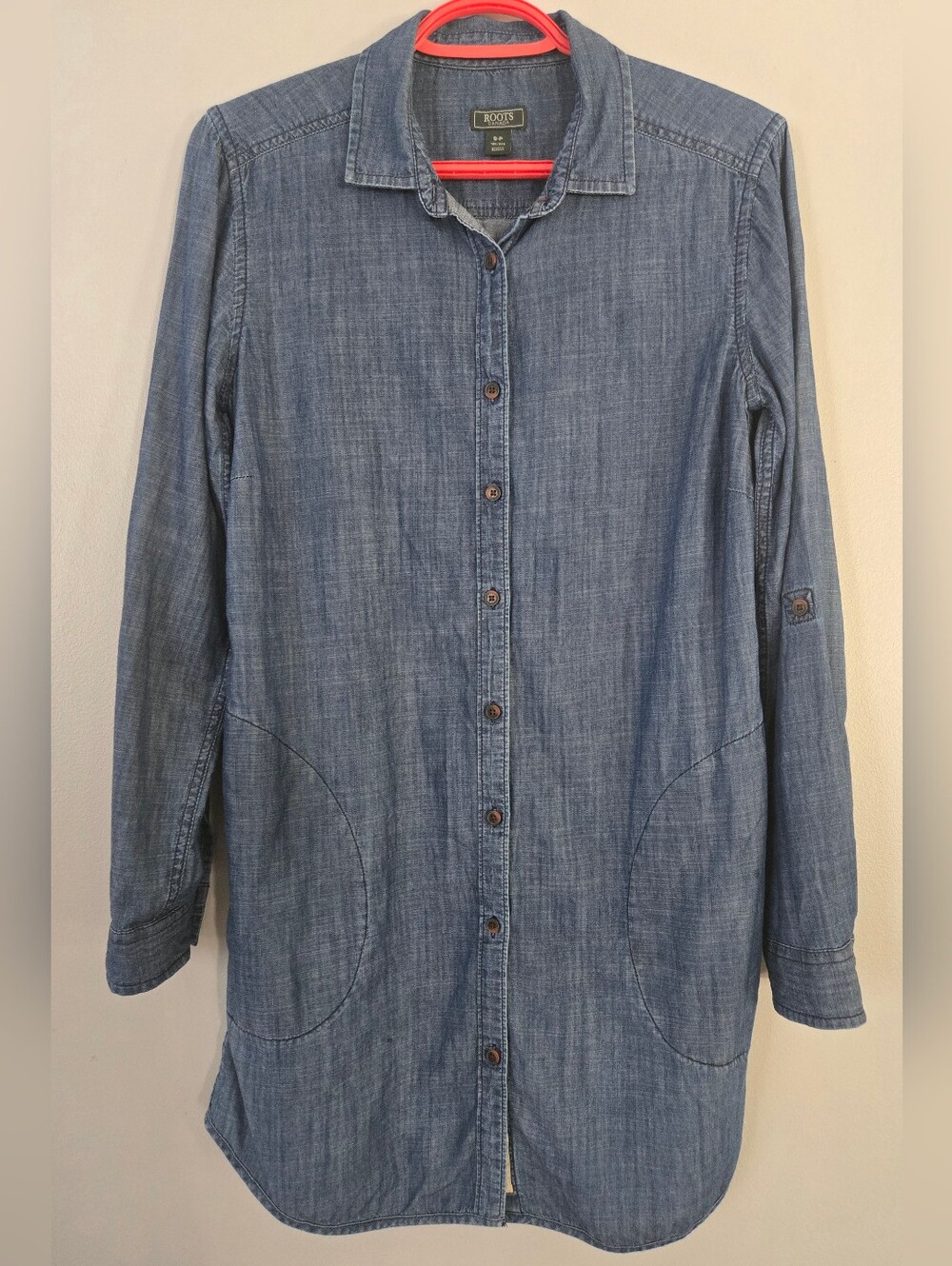 Roots Lightweight Blue Denim Chambray Roll-Tab Shirt Dress Tunic Sz S Long Sleev